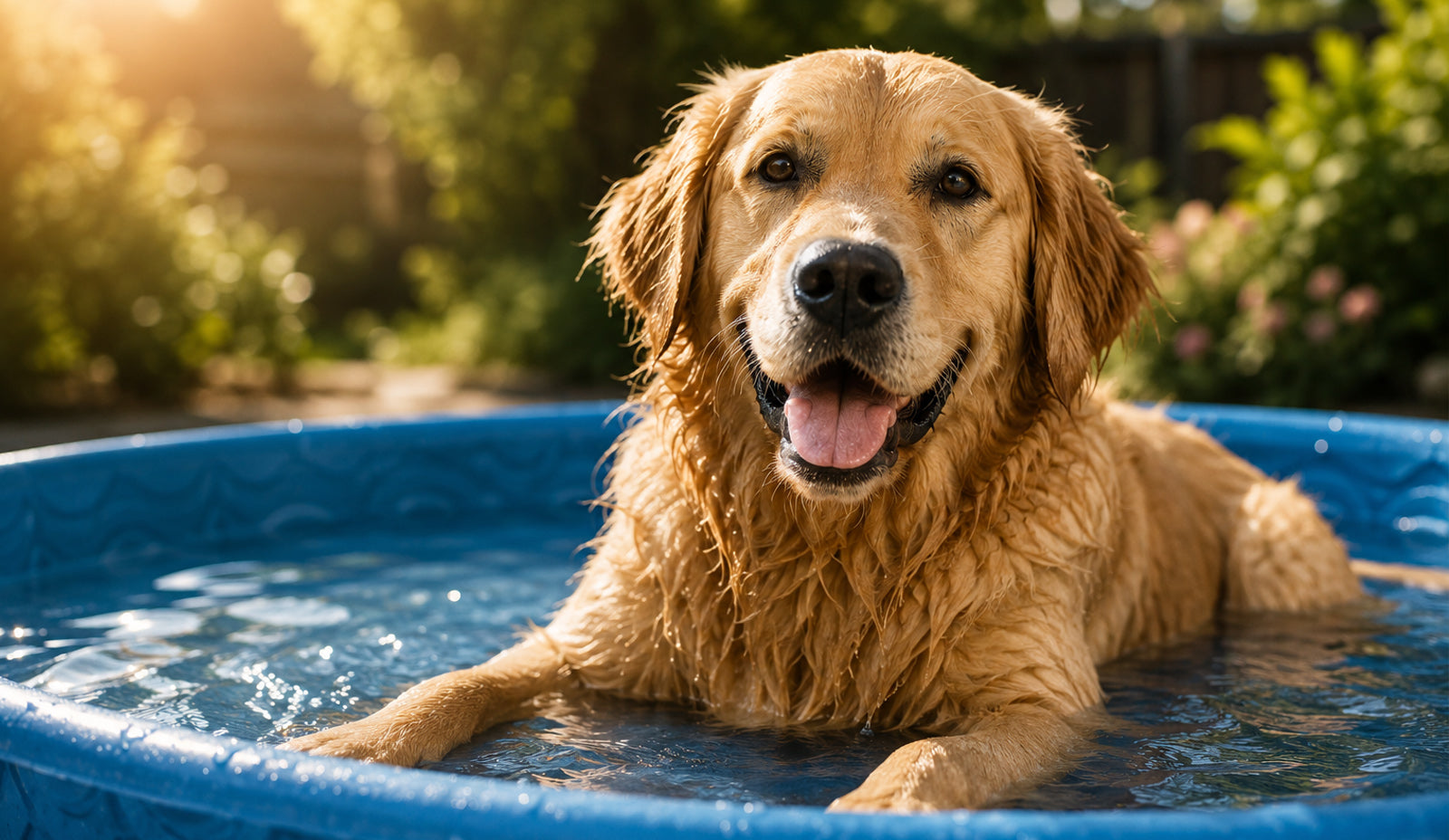 Dog cooling himself in a paddling pool during a hot summers day to keep himself cool.