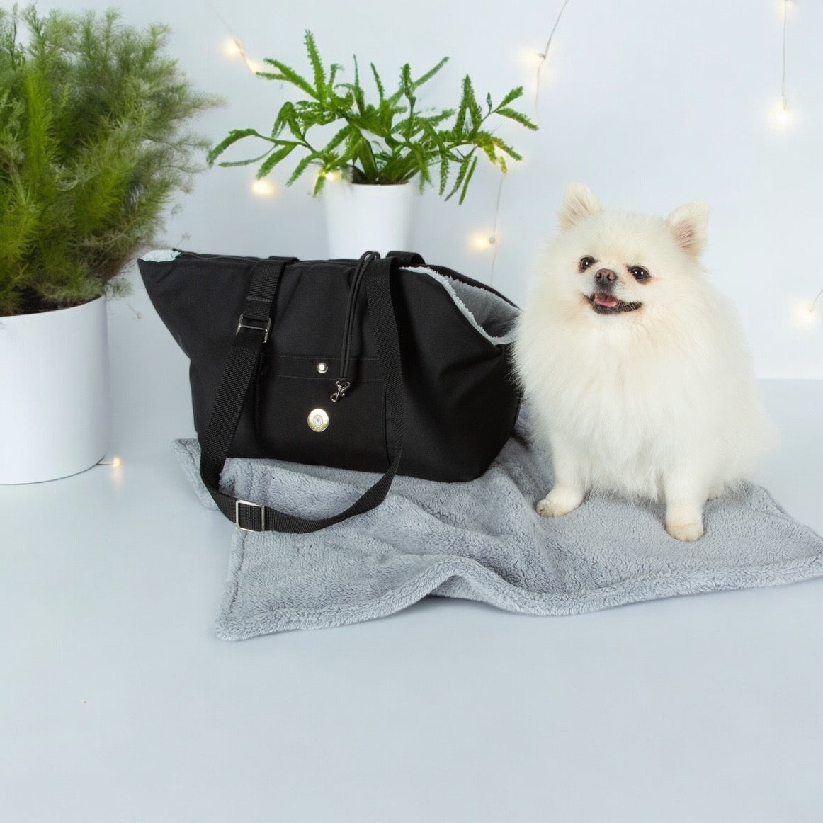 Soho Poms Luxury Rainy Bear Hundetragetasche mit Reißverschluss in Schwarz & Hellblau