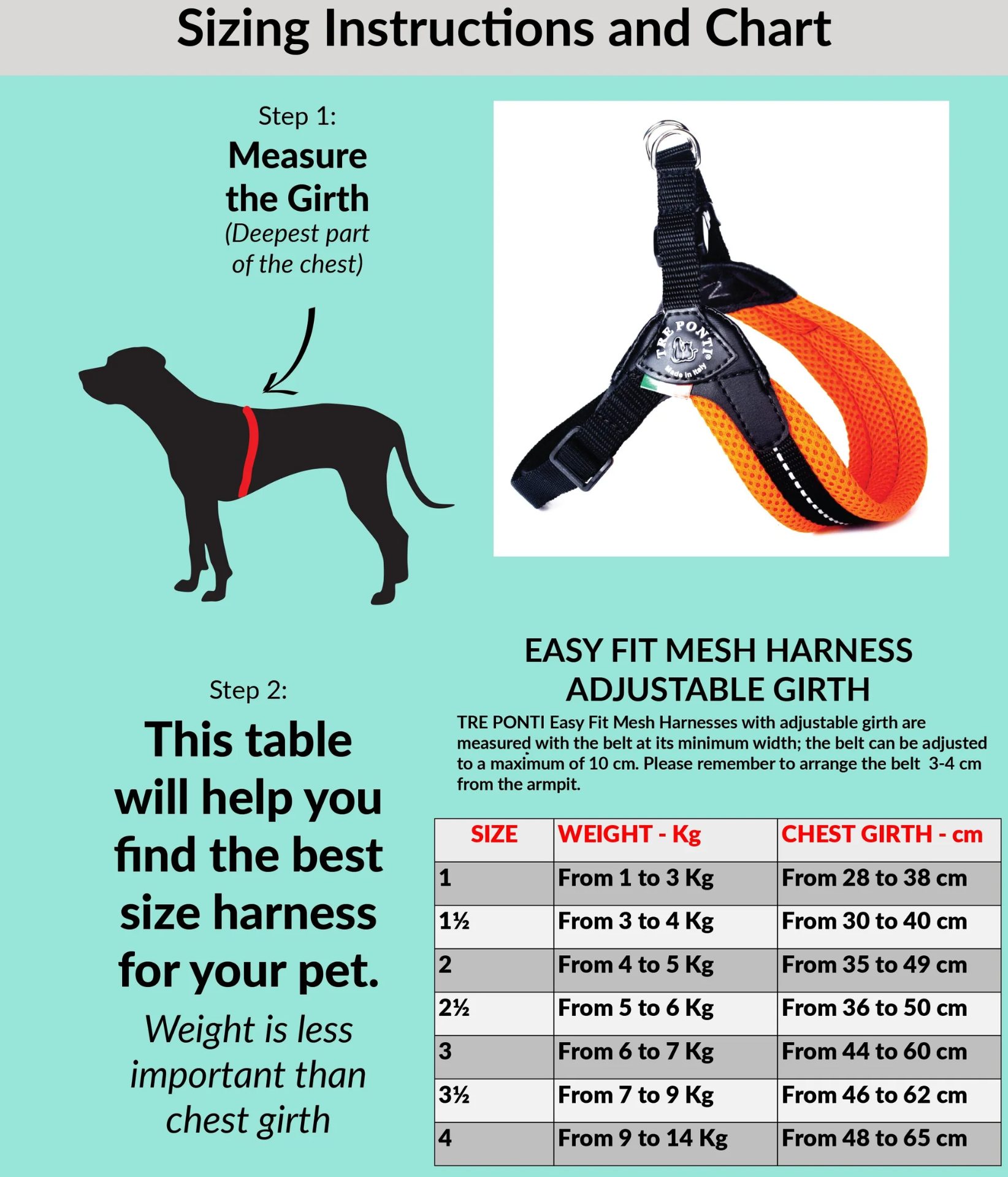 Tre Ponti Easy Fit Mesh Harness Mint with Adjustable Girth