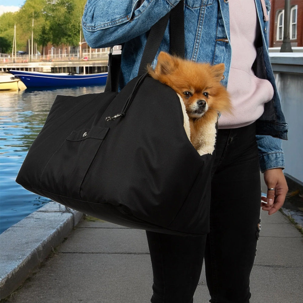 Soho Poms Luxury Rainy Bear Hundetragetasche mit Reißverschluss in Schwarz und Beige