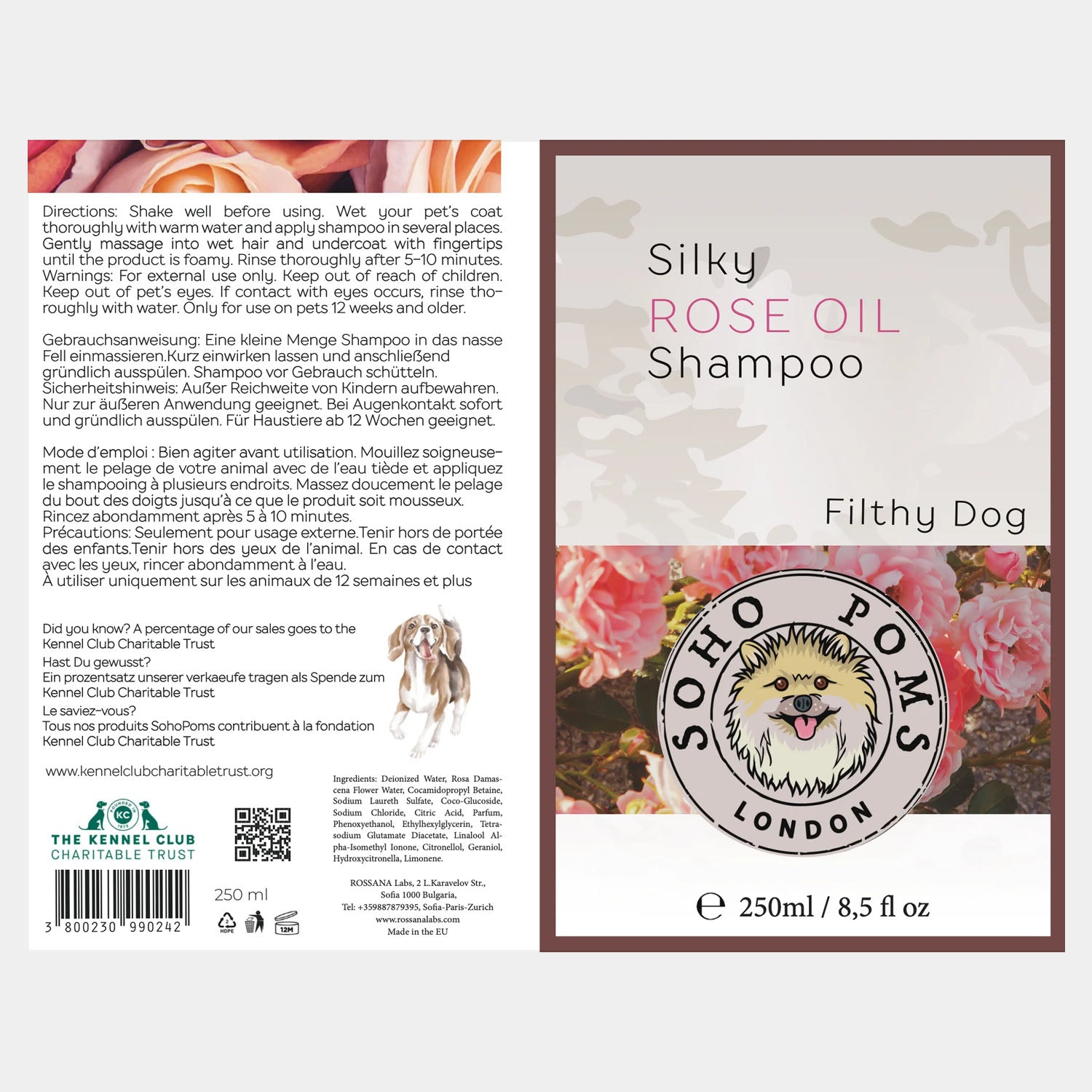 SohoPoms Shampooing à l'huile de rose 250 ml Chien classique/sensible/crasseux