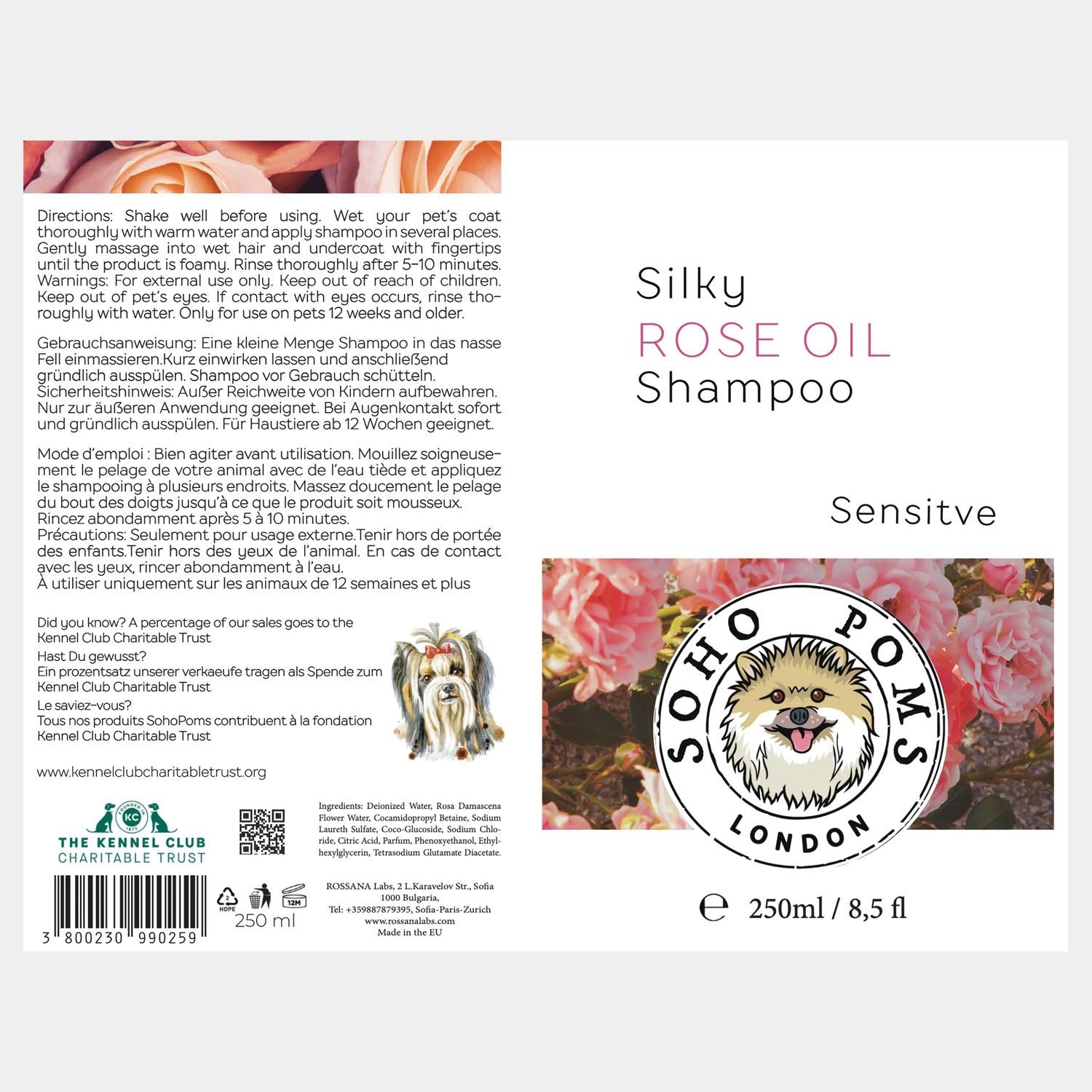 SohoPoms Shampooing à l'huile de rose 250 ml Chien classique/sensible/crasseux
