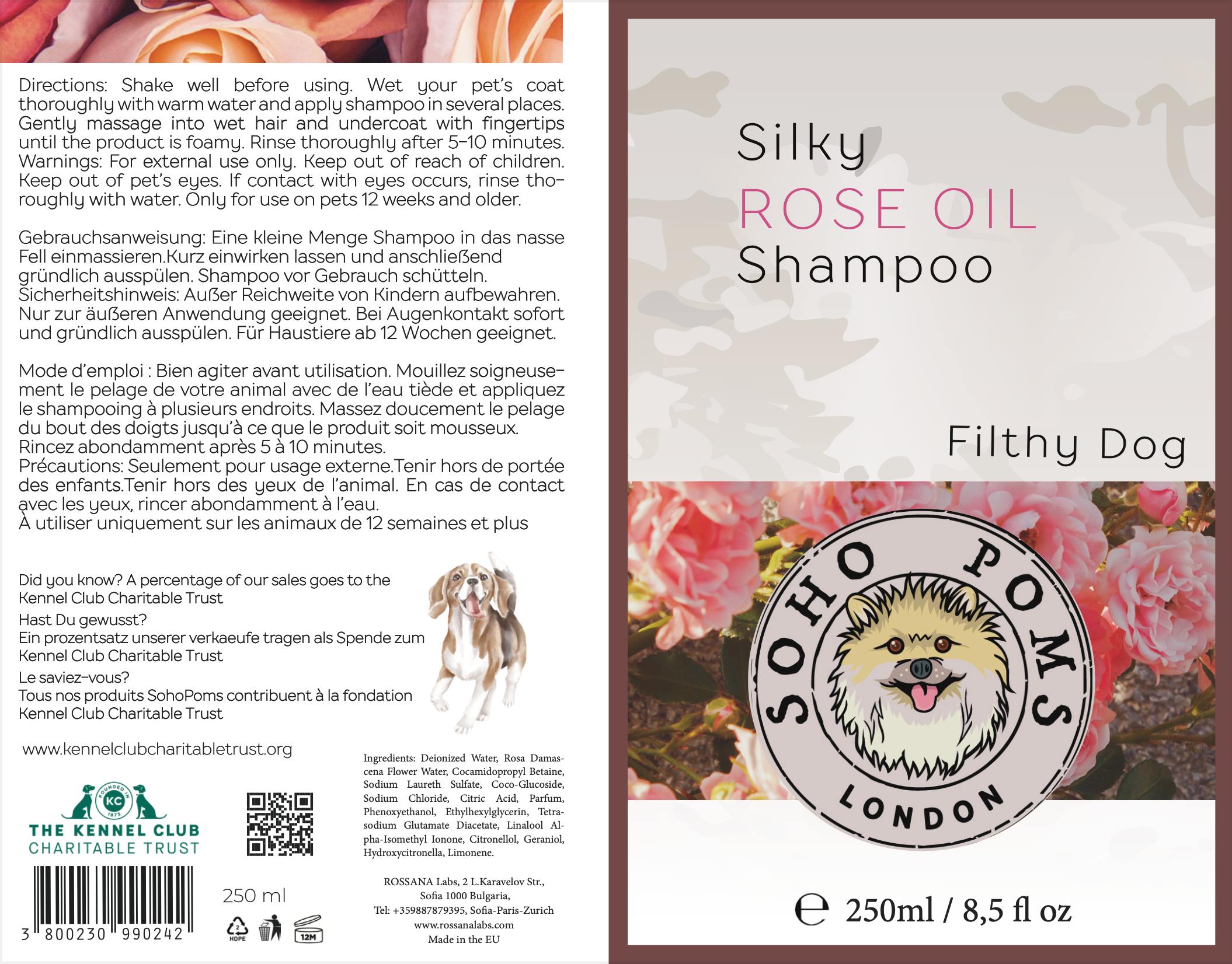 Dog Shampoo Rose Oil 250ml Classic/Sensitive/Filthy dog by SohoPoms