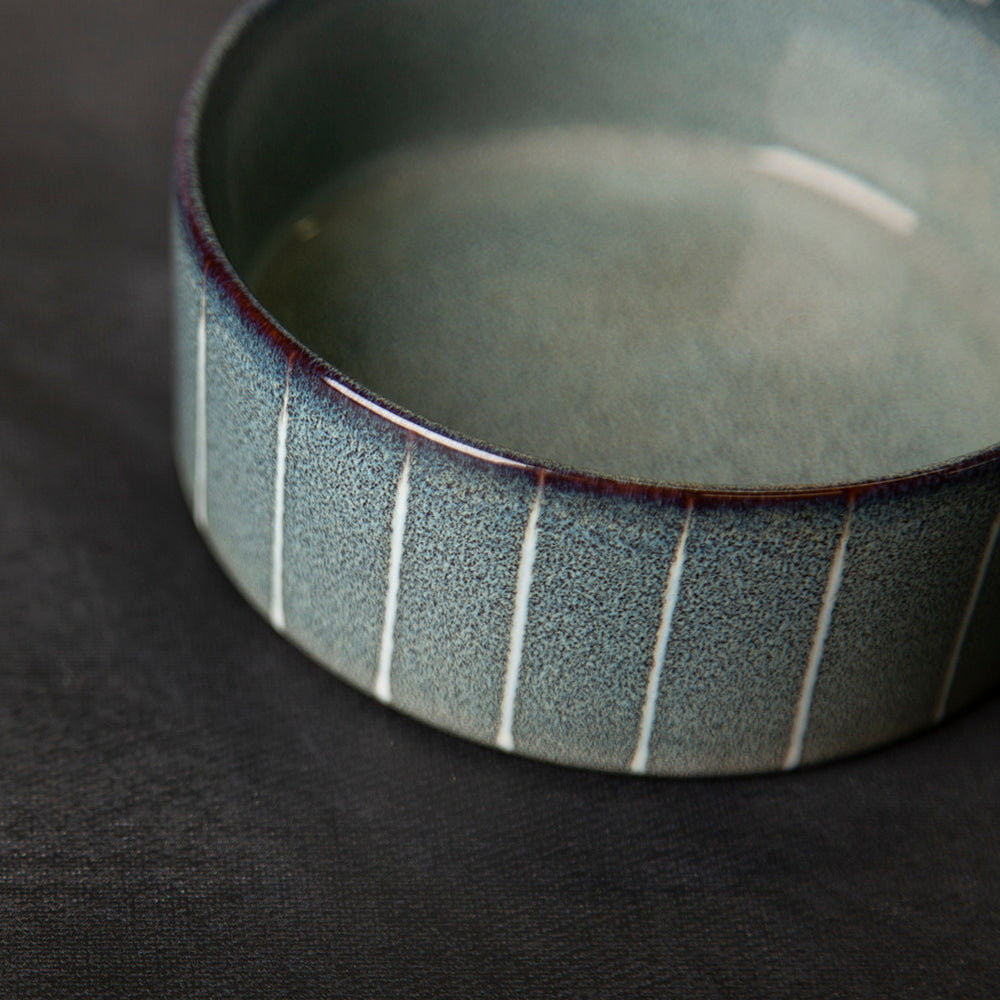 Reactive Glaze Dog Food Bowl - Pinstripe Grey