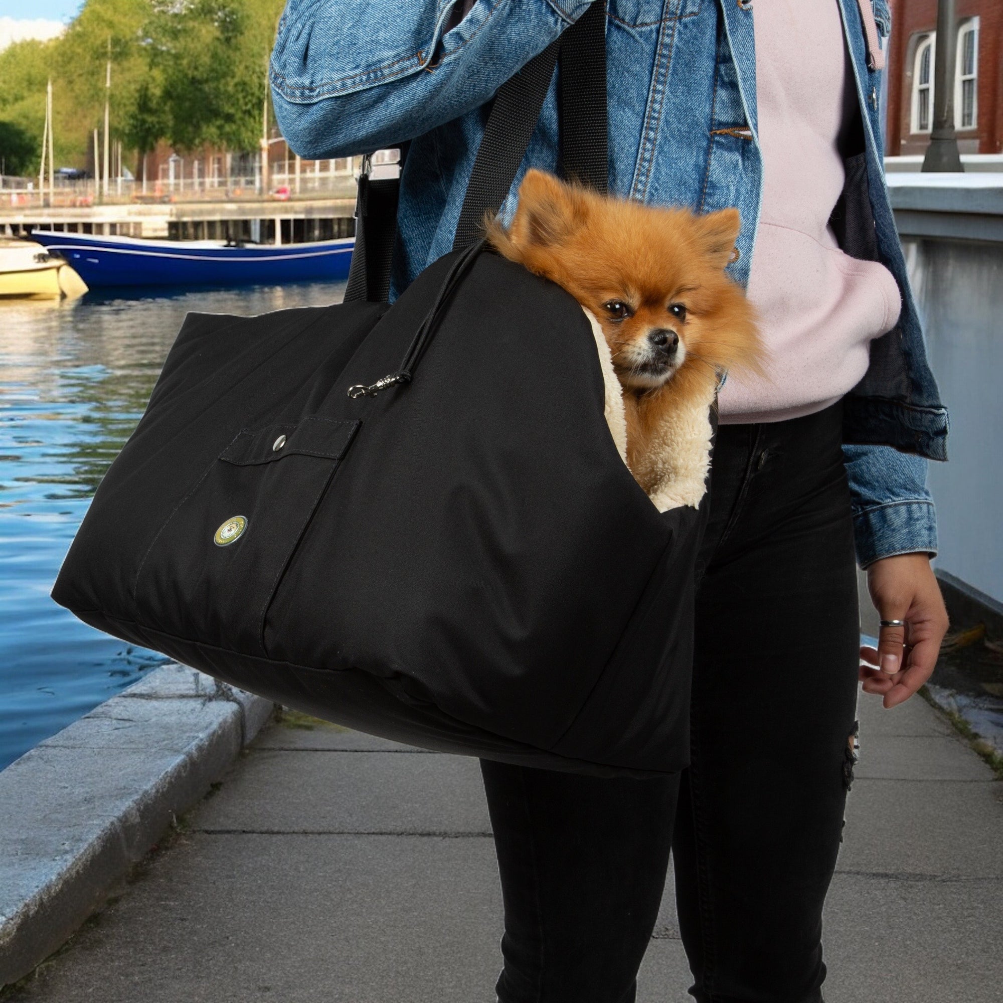 Rainy Bear Black & Beige Dog Carrier Bag with Zipper by SohoPoms