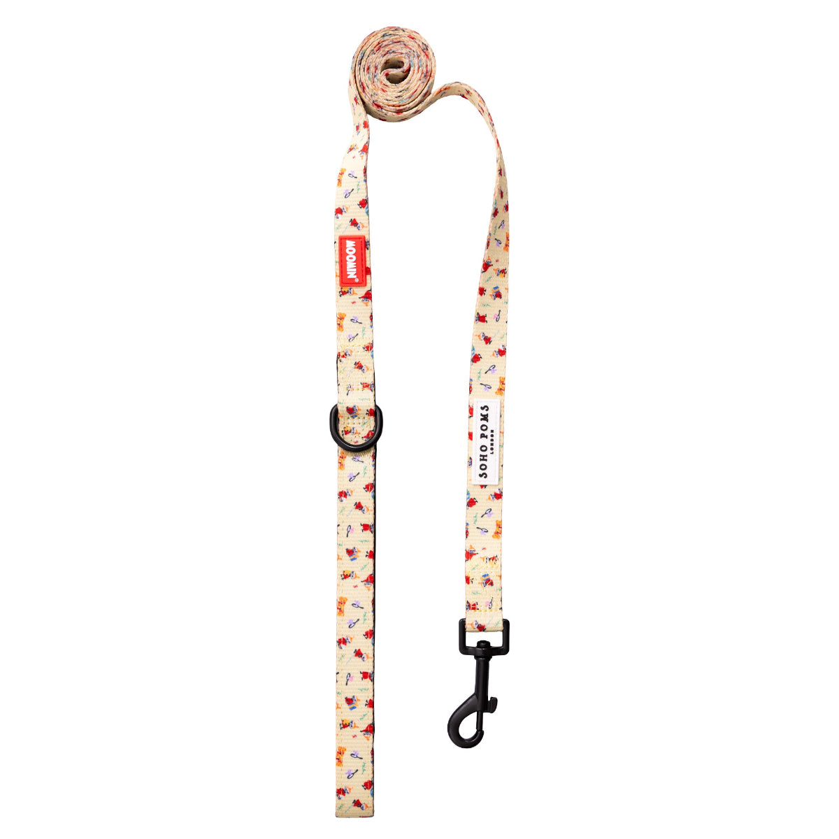 Dog leash with floral pattern and brand logo on a white background
