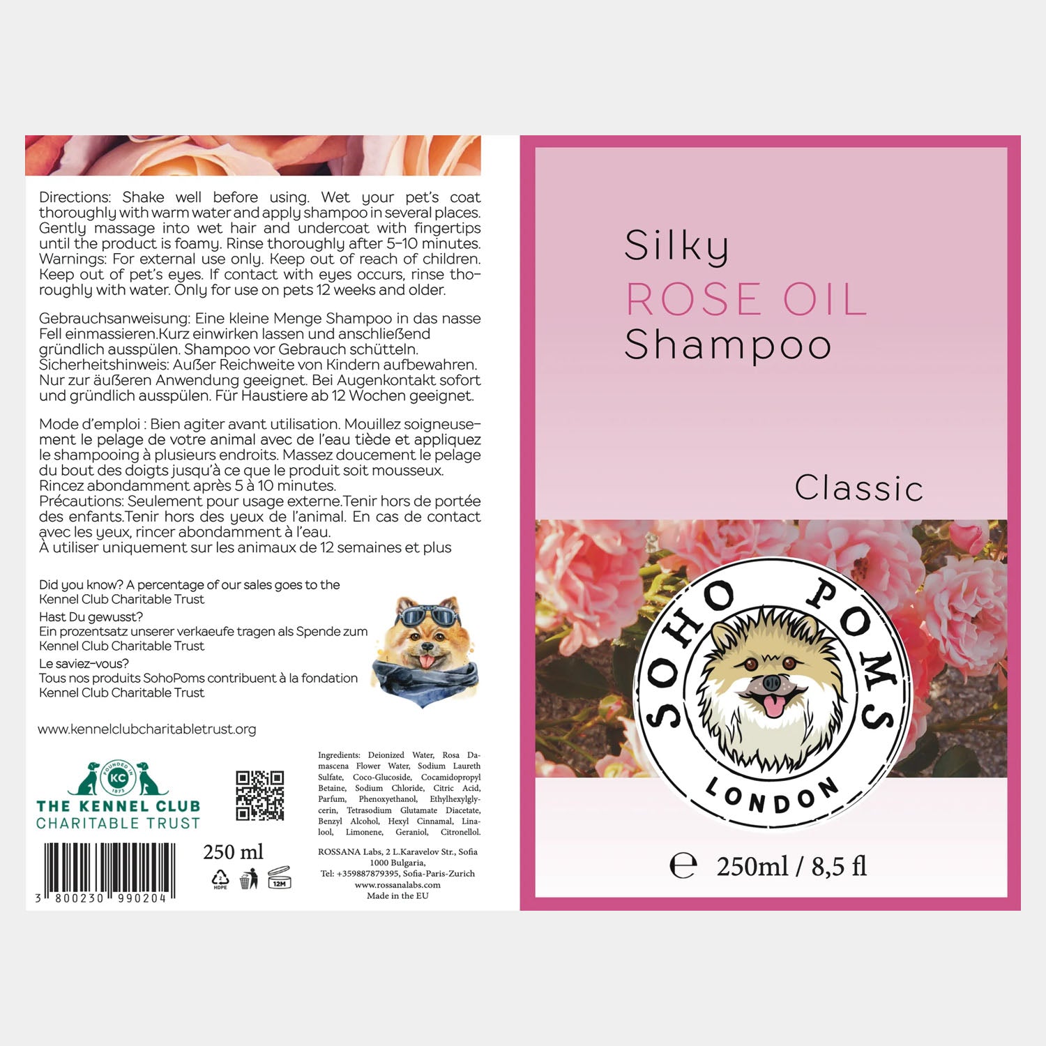 SohoPoms Shampooing à l'huile de rose 250 ml Chien classique/sensible/crasseux