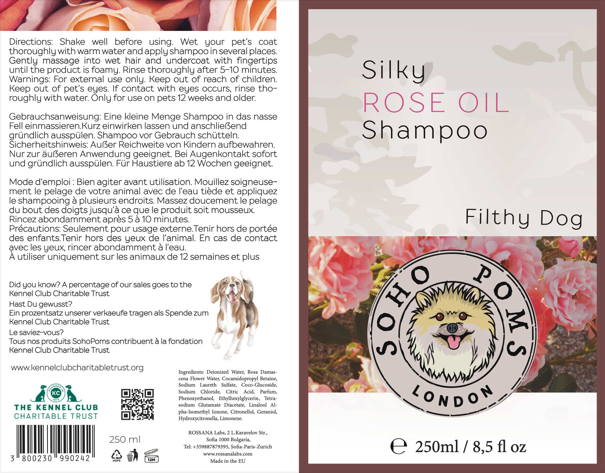 SohoPoms Shampooing à l'huile de rose 250 ml Chien classique/sensible/crasseux